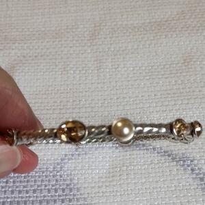 Silver Bangle With Amber And Pearl Stones